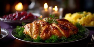 Delicious roasted turkey served with sides at a festive dinner setting during autumn celebration photo