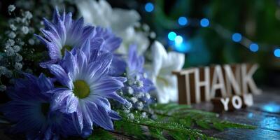 Flowers and wooden thank you sign arranged beautifully for a heartfelt gesture in a soft-lit setting photo