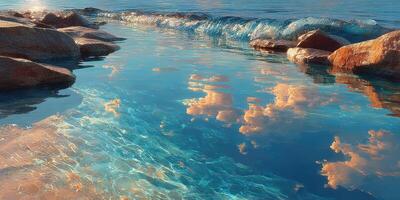 Serene coastal landscape reflecting clouds and sunlight on calm water at sunset near rocky shore photo