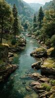 Serene river flowing through a lush green valley under soft morning light photo