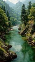 Serene river flows through lush mountains under a clear sky in a tranquil natural setting photo