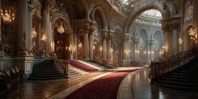Majestic interior of an ornate palace showcasing luxurious architecture and intricate details in soft natural light photo