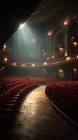 Elegant velvet seats line the curved rows of a historic theater illuminated by soft beams of light photo