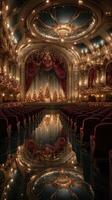 Elegant theater decorated for a holiday performance featuring shimmering lights and festive trees in a classic setting photo