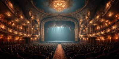 Elegant theater interior filled with spectators awaiting a performance in the evening photo