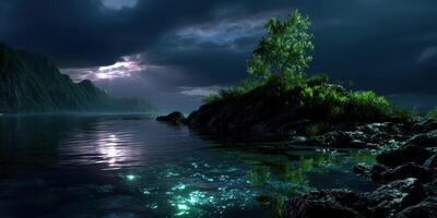Serene landscape features a solitary tree by a tranquil lake under a dramatic sky at twilight photo