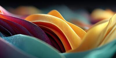 Colorful ribbons of fabric flowing gracefully in a soft motion, showcasing a blend of textures and hues in an abstract display photo