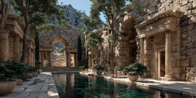 Ancient ruins with reflecting pool nestled between stone columns in a serene mountainous landscape photo