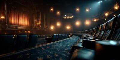 Elegant interior of a vintage theater showcasing ornate design and plush seating during a dimly lit performance photo
