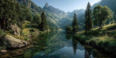 Majestic mountain landscape reflecting on calm lake with vibrant greenery under clear sky photo