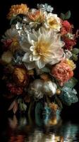 Vibrant bouquet of assorted flowers reflecting in calm water at dusk highlighting natural beauty and vivid colors photo