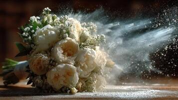 Bouquet of flowers with cascading powder creating an artistic effect at a rustic location during daylight photo