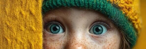 Child with striking blue eyes peeking from behind a vibrant yellow wall wearing a green and yellow hat photo