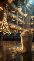 Decorative theater interior with a popcorn bucket and Christmas tree providing a festive atmosphere in the elegant space photo