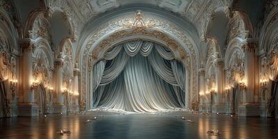 Elegant theater stage with ornate decorations and soft lighting creates a dramatic ambiance for performances photo