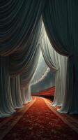 Dramatic curtains frame a grand stage awaiting performers in an elegant theater setting photo