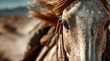 Close-up of a horse running in the desert with flowing mane against a majestic landscape during sunset photo