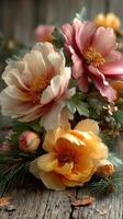 Vibrant bouquet of peonies arranged elegantly on a rustic wooden surface during sunny daylight photo
