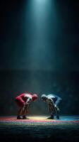 Intense wrestling match takes place in a dimly lit arena with focused athletes ready to compete photo