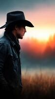 Cowboy silhouette against a vibrant sunrise in a serene countryside landscape photo