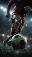 Dynamic soccer action captured during a night match under stadium lights with an athlete kicking the ball photo
