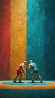 Wrestlers compete in an intense match under vibrant colored walls in a sports arena during a championship event photo