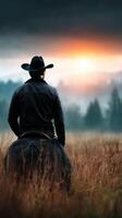 Cowboy on horseback gazes at sunset in vast field surrounded by misty trees photo