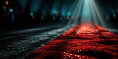 Red carpet flows through a dark venue illuminated by soft beams of light creating an atmospheric setting for an event photo