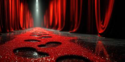 Red carpet pathway leads to bright stage with dramatic curtains and spotlight during evening event photo