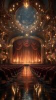 Elegant theater interior with ornate design and warm lighting before a performance begins photo