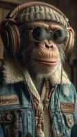Stylish chimp wearing headphones and sunglasses in urban setting enjoying music during daylight photo