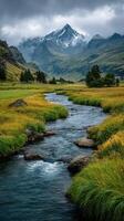 Majestic mountain landscape with flowing river and lush greenery during overcast weather in the afternoon photo