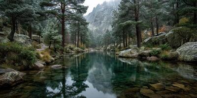 Reflections of tall pine trees in a tranquil forest river surrounded by rugged mountains in the early morning mist photo