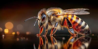 Honeybee exploring a reflective surface during twilight hours with warm ambient lighting photo