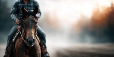 Rider on a horse in a misty landscape at dawn with warm sunlight filtering through trees photo