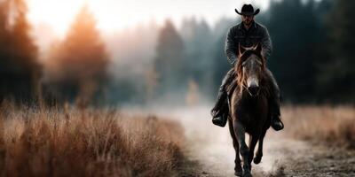 Cowboy riding horse through misty forest trail at sunrise in rural wilderness photo