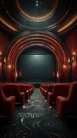 Luxurious vintage theater interior with red seating and elegant decor ready for an intimate screening experience photo