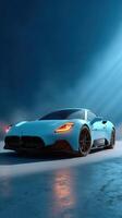 Luxurious sports car showcase under dramatic lighting in an urban setting at night photo