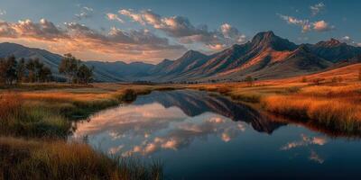 Sunset over a serene mountain landscape reflecting in a calm river photo
