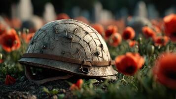 War helmet resting among vibrant red poppies in a solemn memorial setting photo