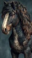 Beautiful dark shaggy horse with curly mane posing against a textured background in a studio setting photo