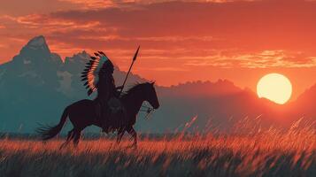 Indigenous rider silhouetted against a stunning sunset in a mountainous landscape photo