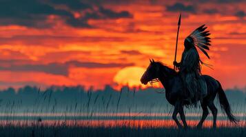 Silhouette of a Native American warrior on horseback against a vibrant sunset at a serene landscape photo