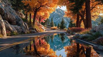 Autumn foliage reflects in still water along a winding road in a mountainous region photo