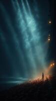 Dramatic lighting showcases a lone figure on stage in an empty theater during a nighttime performance photo