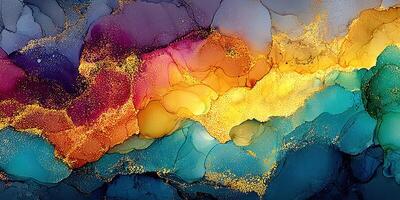Abstract art composition in vibrant colors showcasing fluid shapes and textures with metallic accents photo