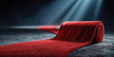 Elegant red carpet leading to a spotlight in a dimly lit space during an event celebration photo