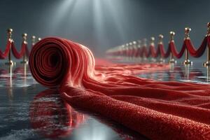 Red carpet scene with a rolled carpet leading to velvet ropes in a dimly lit atmosphere, perfect for a grand event or ceremony photo