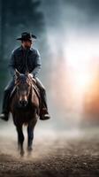 Cowboy riding horse through misty forest with warm glow at dawn photo