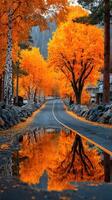 Vibrant autumn colors reflect on a serene road lined with golden trees in a tranquil landscape photo